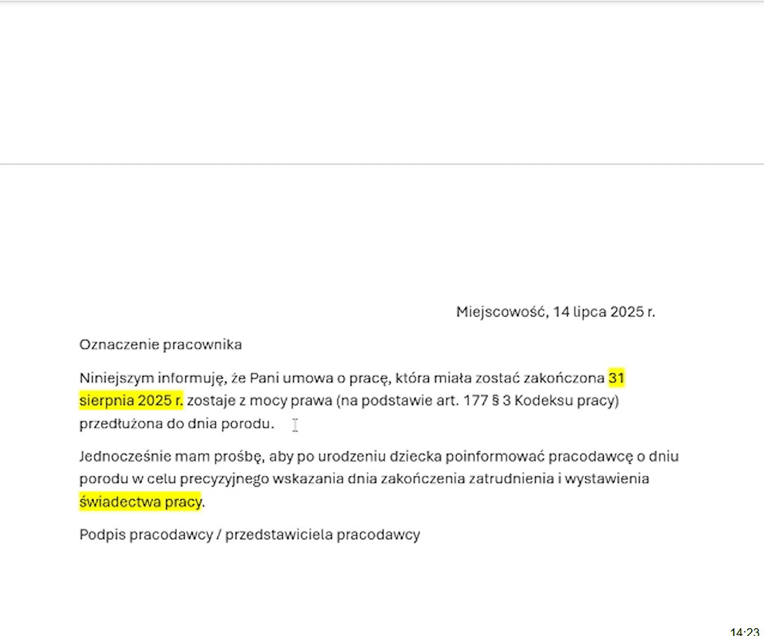 przedłużenie umowy do dnia porodu